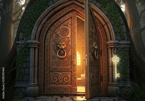 Ornate, ancient wooden double doors, intricately carved with lion heads, stand ajar revealing light.