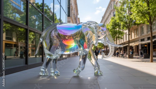 Large colorful elephant sculpture city street.