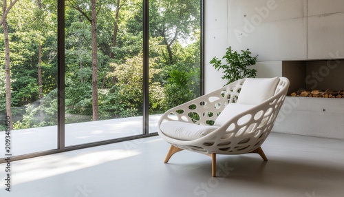 Modern living room with white chair.