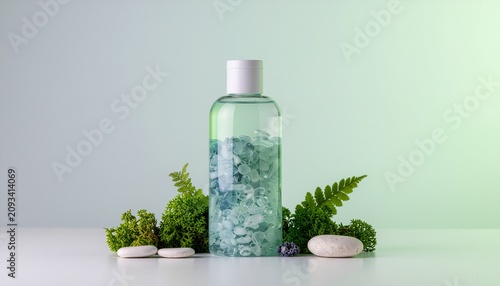 Mouthwash bottle with blue tablets and green plants.