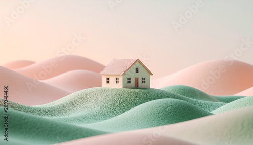 Serene house on rolling green hills.