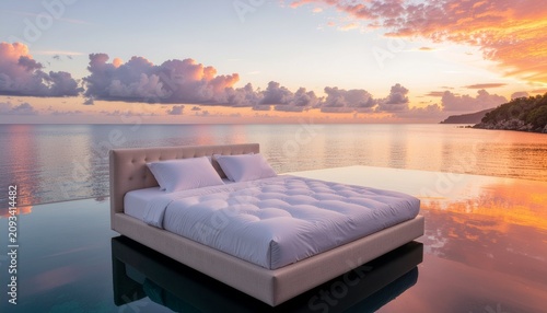 Serene oceanfront bedroom with floating bed.