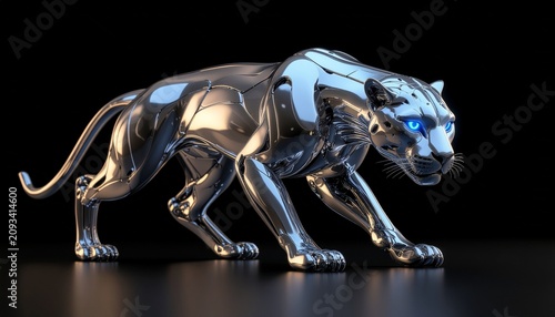 Shiny metallic tiger sculpture walking forward.