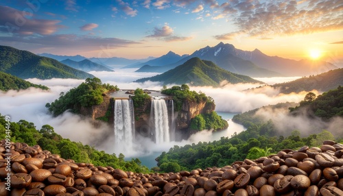Waterfall landscape with foggy mountains sunrise.