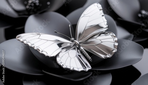 White butterfly on dark flower petals.