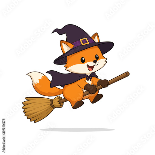 Cute Fox Wizard Flying on Broomstick Cartoon Vector Illustration