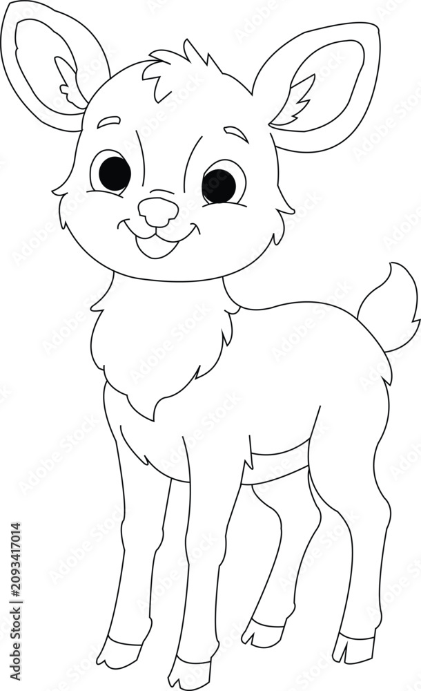 Obraz premium Cute deer coloring page featuring a friendly woodland deer in simple black-and-white line art. Perfect for kids, preschool activities, homeschooling, classrooms, and coloring books.