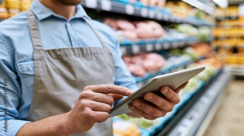 Supermarket employee using tablet to scan expiring items on shelves