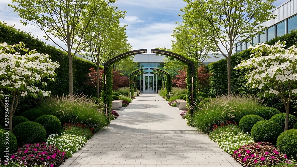 Obraz premium Manicured garden path leading to modern corporate building entrance