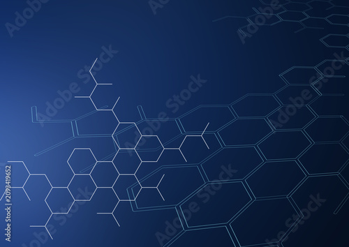 Blue Abstract Technology Background with Hexagonal Mesh and Molecular Structures