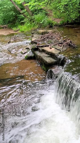 A panning shot follows stepping stones across a woodland waterfall, showcasing the flowing stream, mossy rocks, and lush forest surroundings in a peaceful natural landscape.