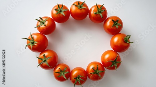 A top-down composition of tomatoes arranged in a circular pattern on a clean white surface with green stems for contrast