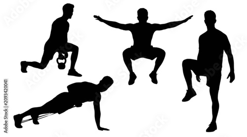 Bild auf Leinwand Fitness silhouette compilation lunges jumping plank and dynamic stretching exerc