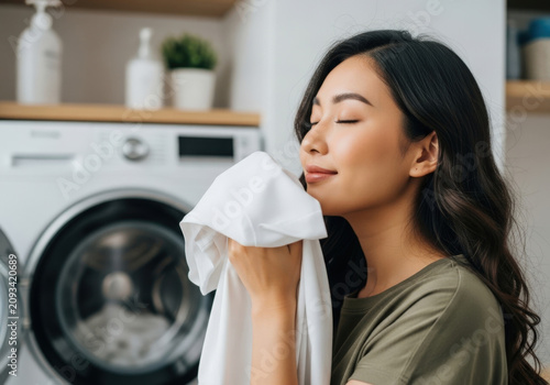Young asian woman smiles, smelling fresh clean white laundry in front of washing machine, symbolizing domestic chores.