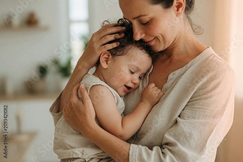 Mutter hält schlafendes Kleinkind im Arm, gemütliches Licht
