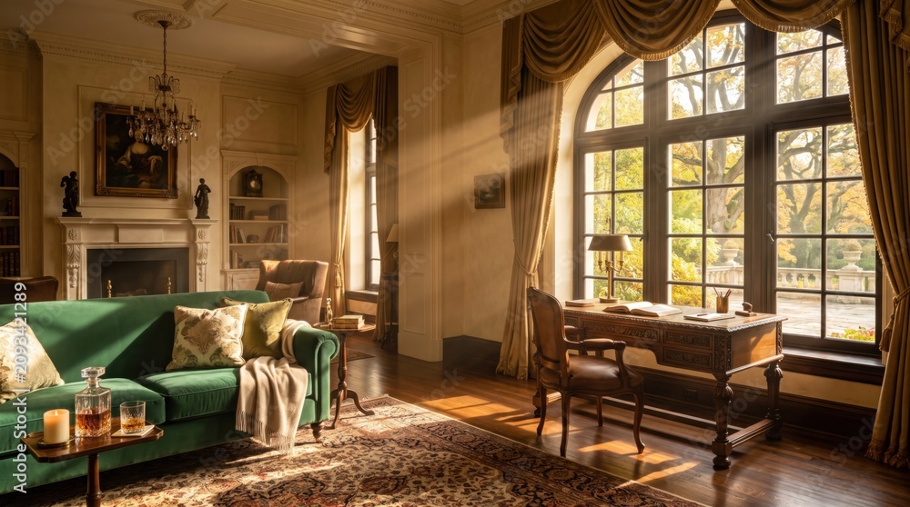 Obraz premium Warm sunlight rays streaming through a large arched window into an elegant classic living room with green velvet sofa