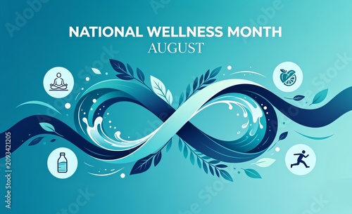 National Wellness Month August Banner with Healthy Lifestyle Icons