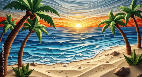 Abstract paper craft style sunset beach landscape with palm trees and ocean waves orange yellow blue sky layered cut paper aesthetic art piece.