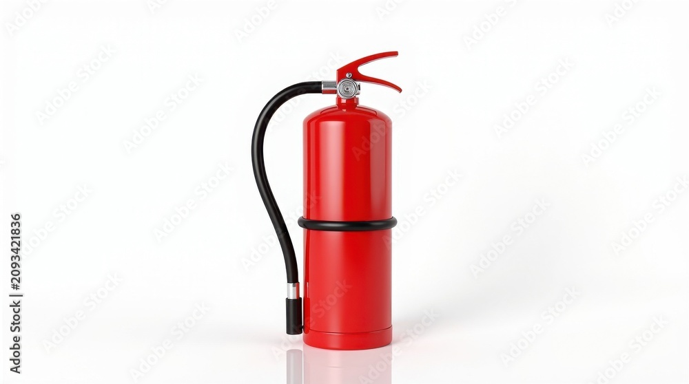 Obraz premium Extintor de incendios orientado hacia el frente, con manguera de descarga negra acoplada, perfectamente aislado sobre fondo blanco