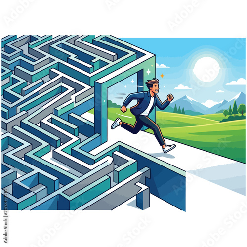 Man escaping a complex maze into a bright sunny landscape with labyrinth