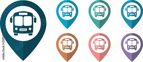 Bus transportation vector icon collection with public transit, bus location markers, navigation symbols, route planning, city travel, mapping services and modern mobility interface graphics.