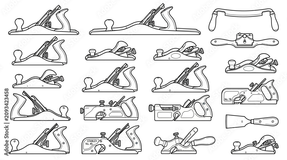 Obraz premium Collection of Vintage Woodworking Hand Planes and Tools - Line Art