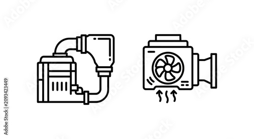 Industrial water pump and ventilation fan mechanical icons with ventilation mechanical industry industrial equipment engineering technical plumbing circulation extraction hardware