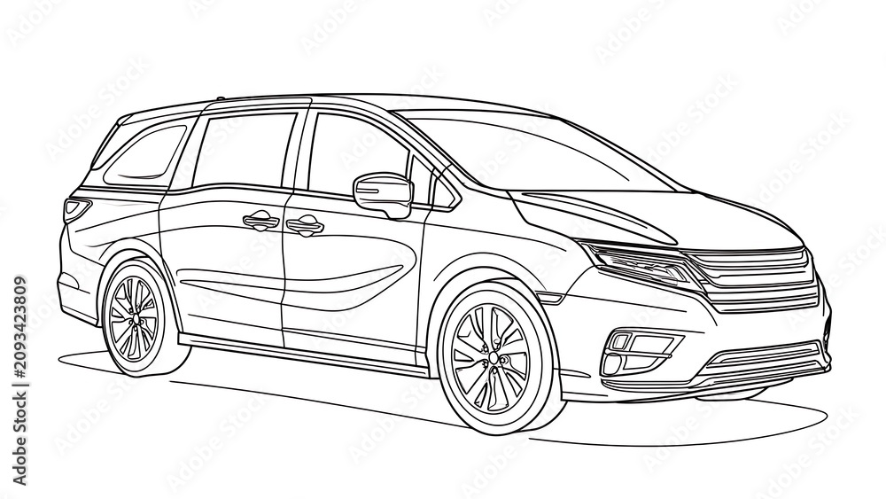 Fototapeta premium Minivan line art illustration white background.