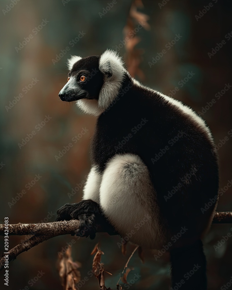 Fototapeta premium A black and white lemur sits calmly on a tree branch in a lush, blurred rainforest environment