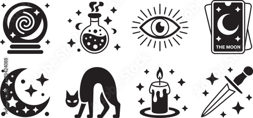 Tableau sur toile Celestial and magic vector collection with crystal ball, tarot, black cat, mystical celestial elements, astrology, occult symbols, fortune telling and enchanted fantasy illustrations