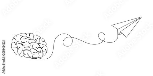 Photos Continuous one line drawing of human brain and paper plane flying up
