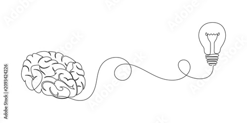 Bild auf Leinwand Continuous one line drawing of human brain and electric light bulb