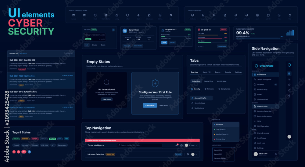 Fototapeta premium Dark Cyber Security Application Interface Kit with Responsive Dashboard UI Elements