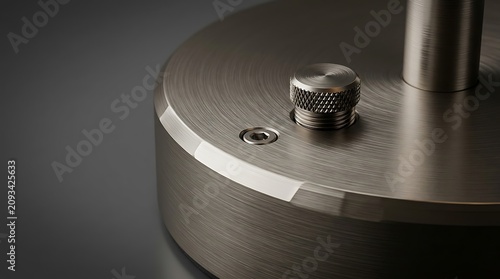 Close up of metal object with knob and cylindrical protrusion on brushed surface