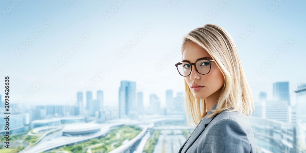 Fototapeta premium Confident businesswoman with glasses overlooking a modern city skyline