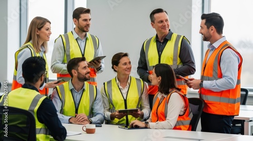 A group of workers in high-visibility vests engage in a lively meeting around a table in a bright office setting.