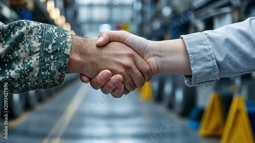 Hands shake in a factory as workers agree on terms during a meeting at a manufacturing facility in the afternoon