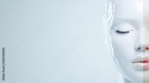 Futuristic glossy sculpture of a human like face with closed eyes incorporating advanced technology elements