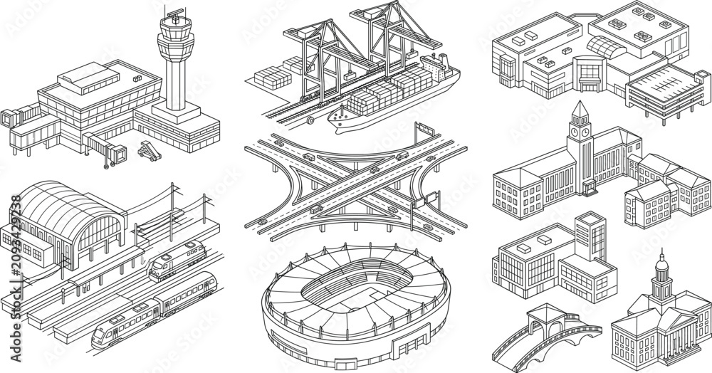 Fototapeta premium Isometric vector line art set of city buildings infrastructure and transportation hubs