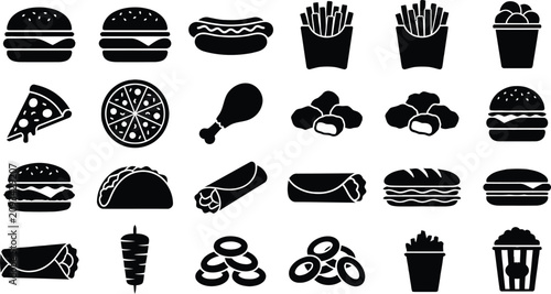 Принти на полотні Collection of black silhouettes of fast food items like burgers pizza fries and hot dogs on isolated