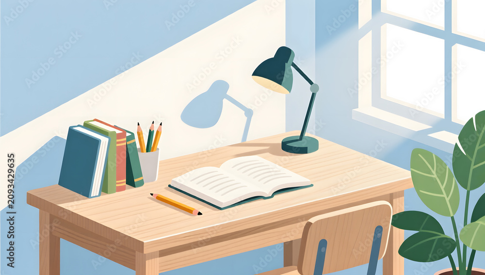 Fototapeta premium Back to school study desk illustration background