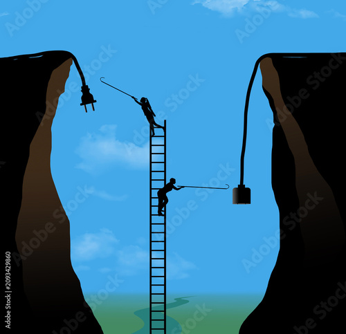 Two figures on a ladder bridge a massive canyon, using creative tools to connect a dangling plug and socket. A visual metaphor for generating unique ideas to solve difficult problems.