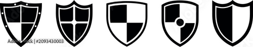 Foto A row of five black and white medieval shield icons symbolizing security and protection on a clean white digital background