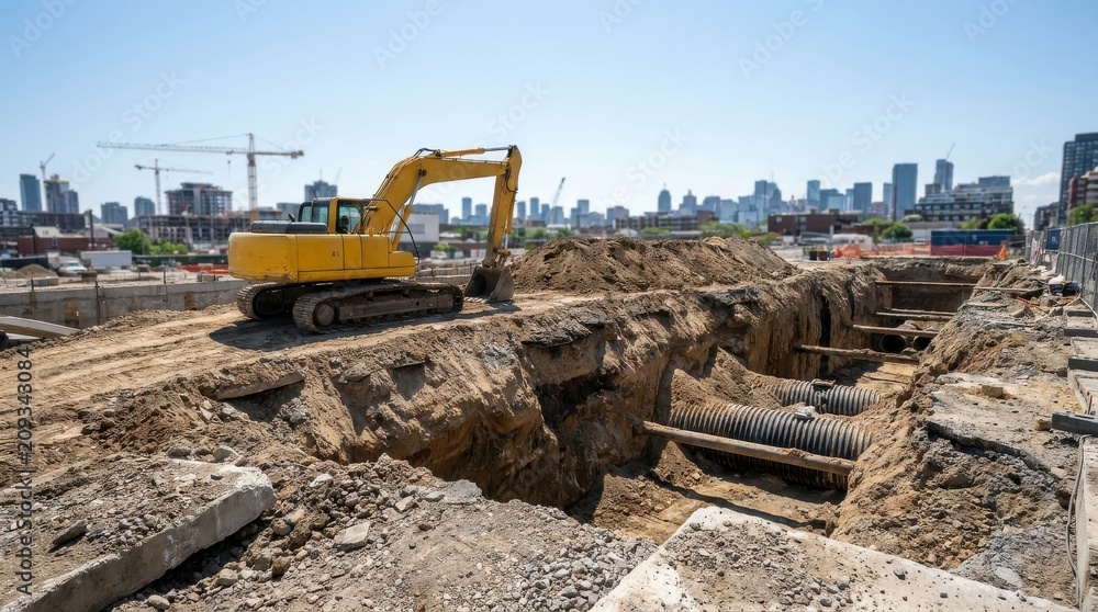 Fototapeta premium Yellow Excavator Working at Urban Construction Site for Pipeline Infrastructure, City Development Project Website Banner Background