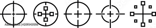 фотографія Clean flat lighting minimalist set of five black target crosshair icons on white background, for precise and focused aim