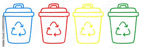 Outline drawing of four trash bins—blue, red, yellow, and green with recycling symbols on a transparent background.