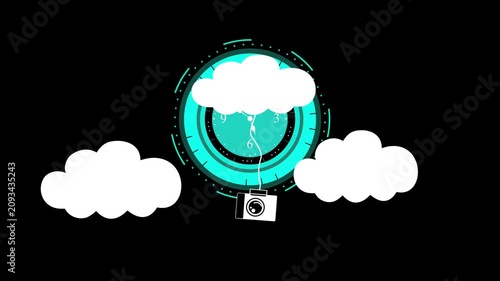 Teal clock with clouds and hanging camera animation, Stylized clock face with clouds and a hanging camera