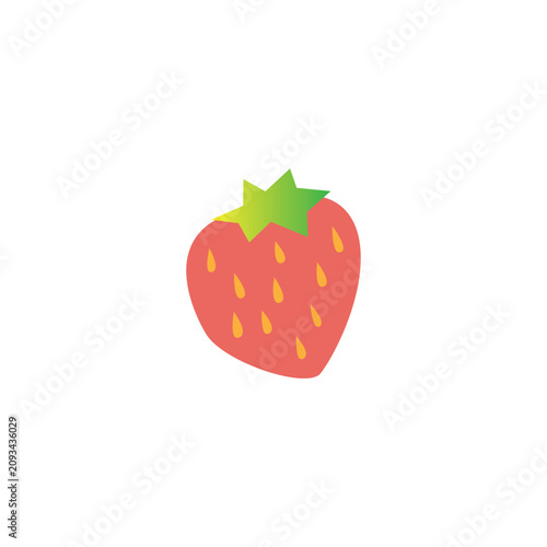 Simple flat vector illustration of a single cute strawberry with red body, yellow seeds and green star-shaped leaves on a clean white background. Minimalist fruit icon with bright colors and smooth sh
