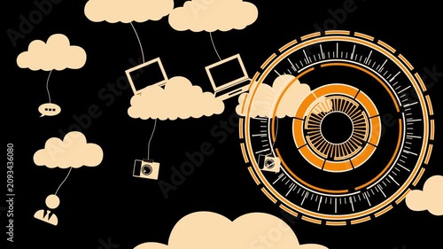 Abstract cloud computing concept with laptops cameras and clouds circular futuristic interface element animation