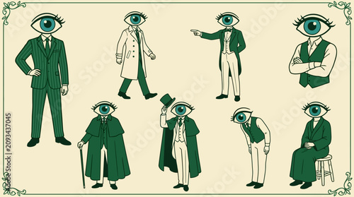 Fotografie Surreal Vintage Illustration Set of Gentleman Characters with Giant Eyeball Head